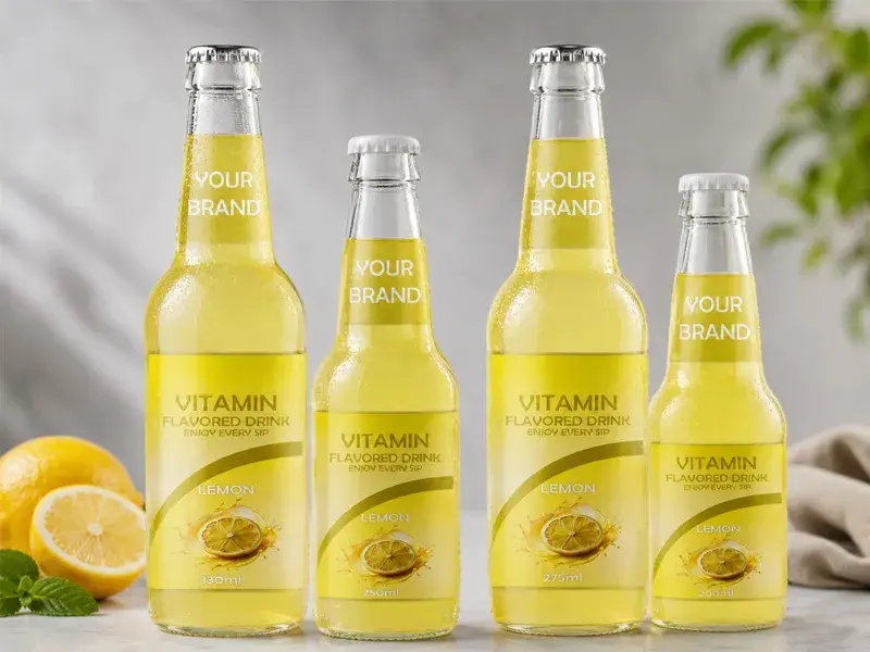 VITAMIN FLAVORED DRINK Lemon flavour in 330ml, 250ml, 275ml, and 200ml glass bottles.
